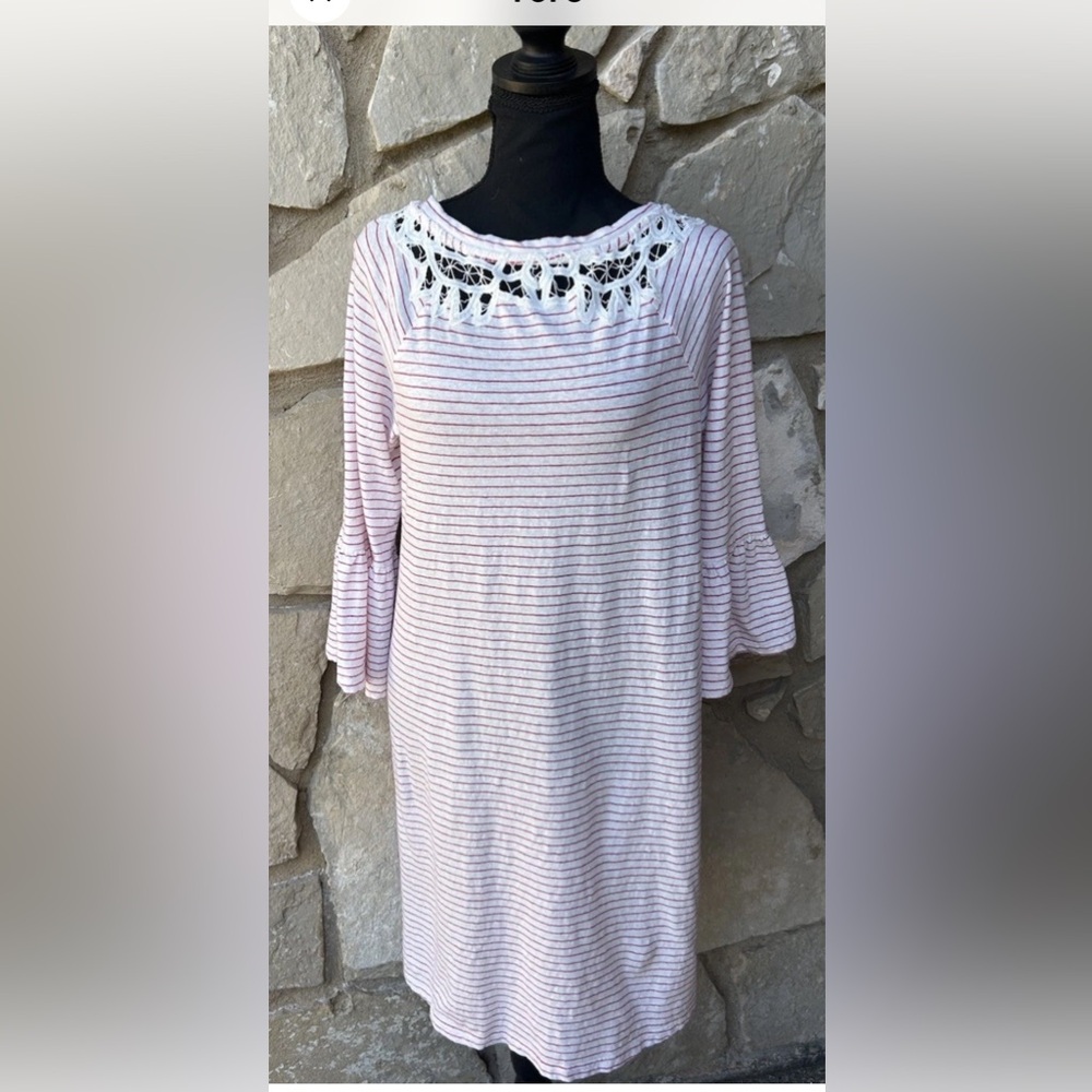 Soft Surroundings Cotton Nightgown‎ S M White Pink Stripe Crochet Lace Trim